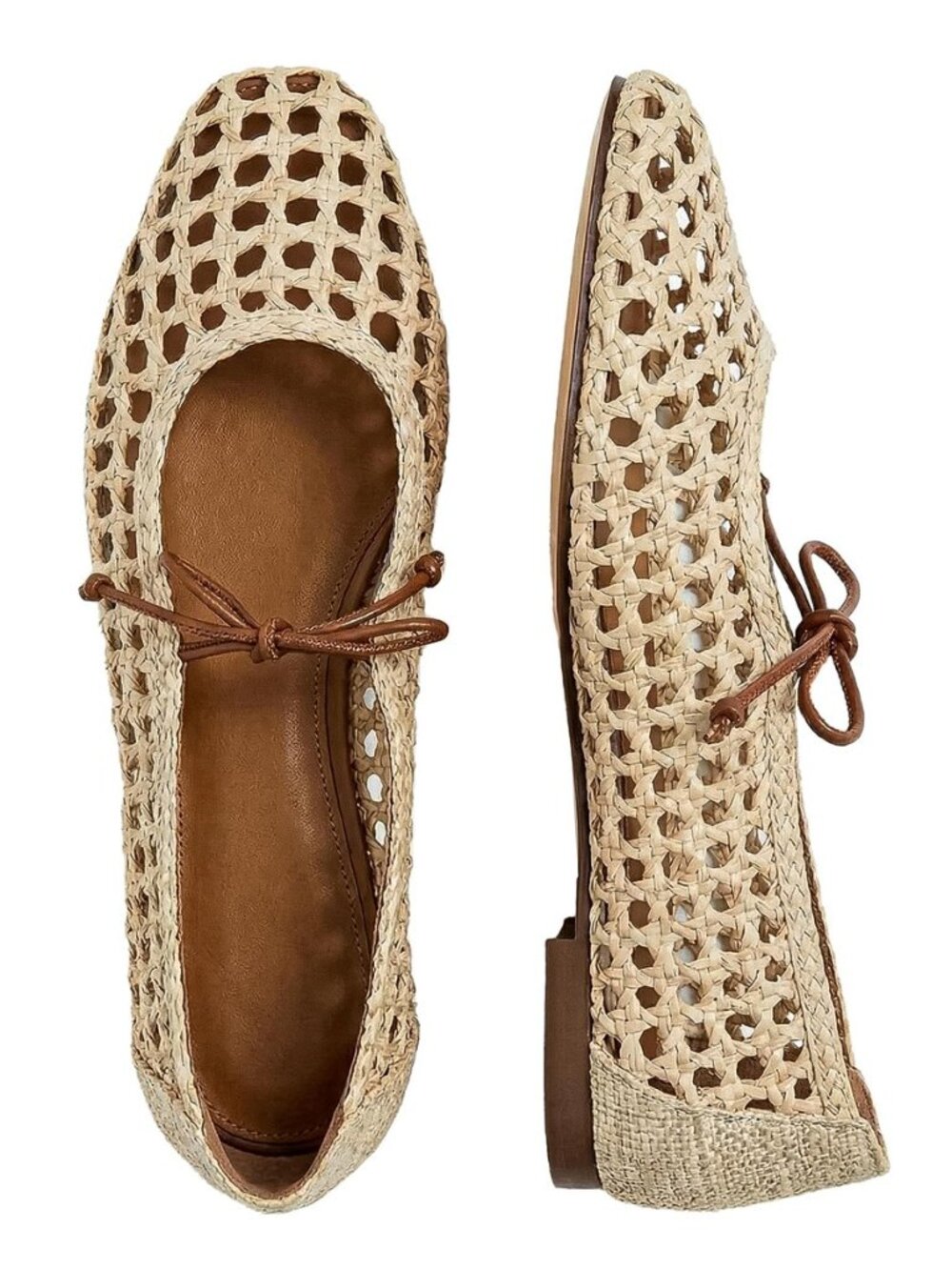 Women Woven Mesh Ballet Flats Raffia Lace up Mary Jane Flats